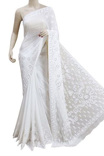 Georgette Ladies Embroidered White Party Wear Chikankari Work Saree