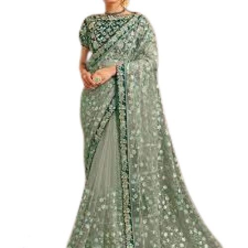 Spring Party Wear Light Green Embroidered Ladies Net Sarees