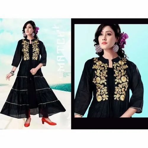 Brass Ladies 3/4Th Sleeve Round Neck Printed Black Cotton Kurti