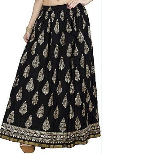 Black Ladies Straight Style Printed Pure Satin Long Skirt For Party Wear