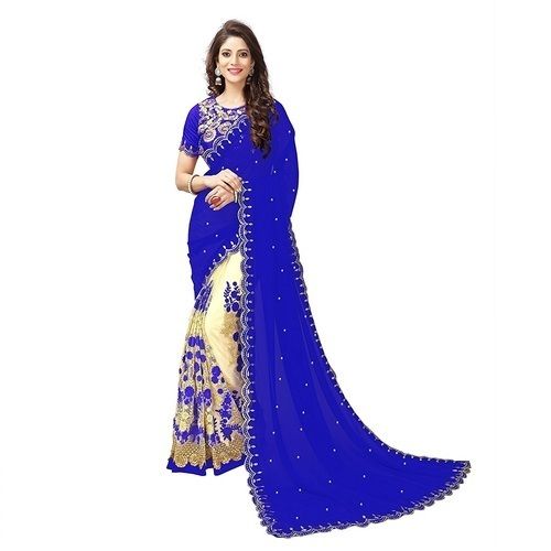 Party Wear Ladies Blue Printed Cotton Saree With Blouse Piece Application: Industrial