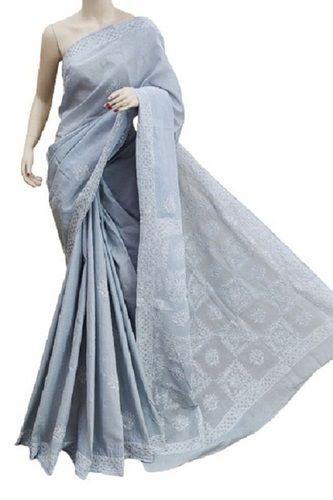 Grey Printed Pattern Casual Wear South Style Lace Closure Cotton Womens Saree