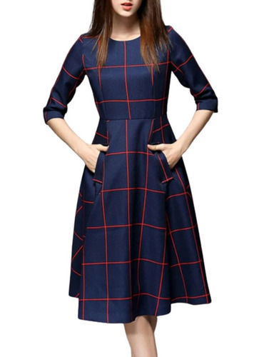 Red And Navy Blue 3/4Th Sleeves Round Neck Double Pocket Checked Polyester Frock For Ladies