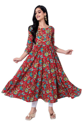 Multicolor Casual Wear 3/4 Sleeves Unfadable Printed Cotton Anarkali Kurti For Ladies 