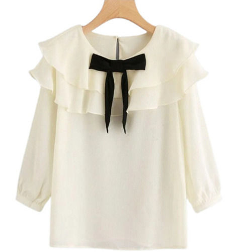 Cream Comfortable 3/4Th Sleeves Round Neck Party Wear Crepe Designer Top