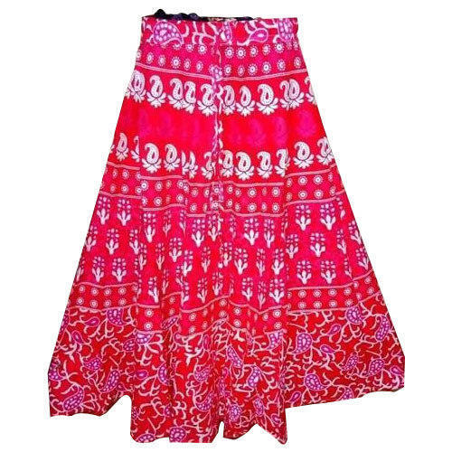 Red Party Wear Regular Fit Printed Cotton Straight Long Skirt For Ladies 