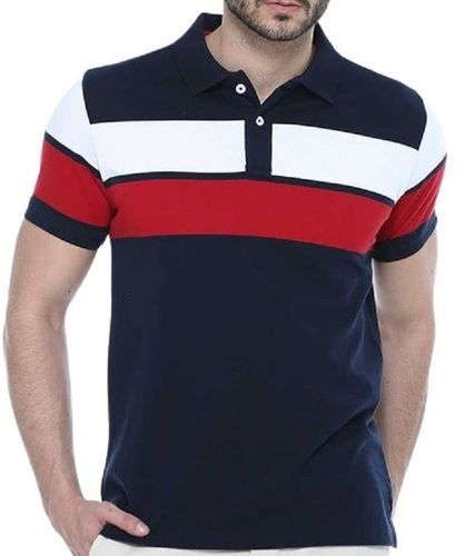 Striped Pattern Short Sleeve Polo Neck Button Closure Cotton T Shirt For Men'S  Age Group: Above 18