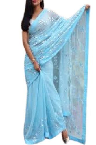 Sky Blue With White Printed Pattern Embroidered Gotta Work Light Weight Chiffon Saree 