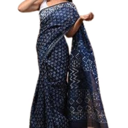 Blue Formal Wear Designer Printed Cotton Saree For Ladies 