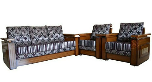 Machine Made Indian Style Polished Solid Teak Wood L-Shape 5 Seater Fancy Sofa Set