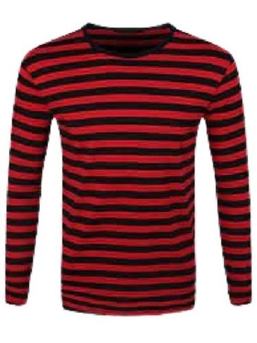 Plain Striped Pattern Round Neck Full Sleeve Cotton T Shirt For Men