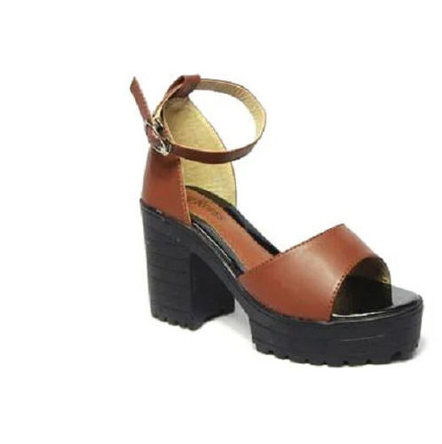 Brown Casual Wear Lightweight Buckles Closure Leather And Pu High Heel Sandals For Ladies