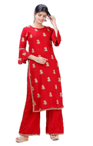 Red Cotton Polyester Chiffon Salwar Suit For Ladies