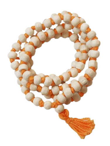 White 20 Grams 15 Inches Round Shaped Wood Beads Spiritual Tulsi Jap Mala