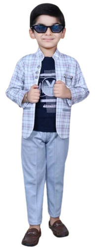 Modern Style Party Wear Full Sleeves Cotton Blazer And Pant Set For Boys