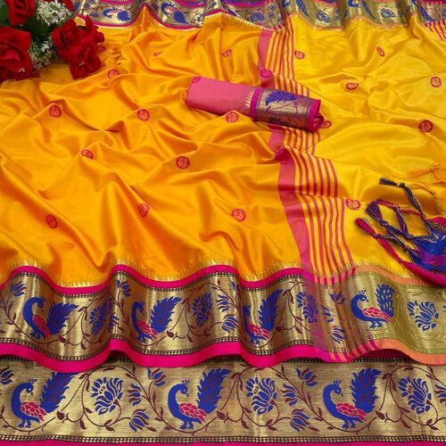Red Banarasi Soft Silk Paithani Saree With Zari Border – Aashthafab