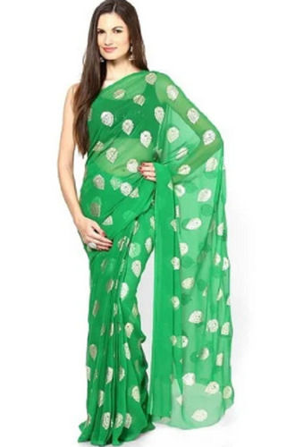 Green Patch Work Printed Casual Wear Chiffon Saree For Ladies