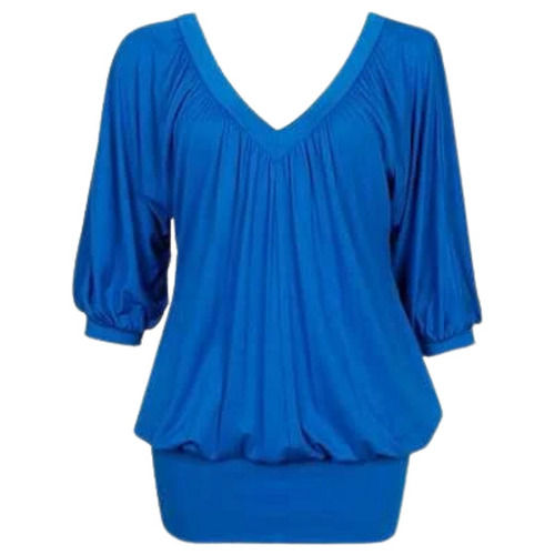 Blue Plain Dyed 3/4Th Sleeves V Neck Casual Wear Soft Chiffon Top