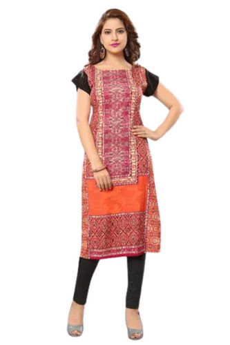 Skin Friendly Short Sleeves Round Neck Crepe Printed Kurti For Ladies