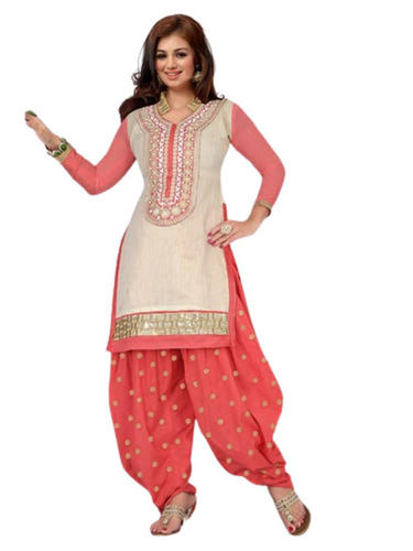 Pink And Beige Stone Work Anti Wrinkle Skin Friendly Cotton Salwar Suit For Ladies