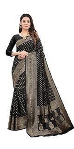 Black Golden Women'S Plain Banarasi Saree Style Swan Zari Work On Pallus