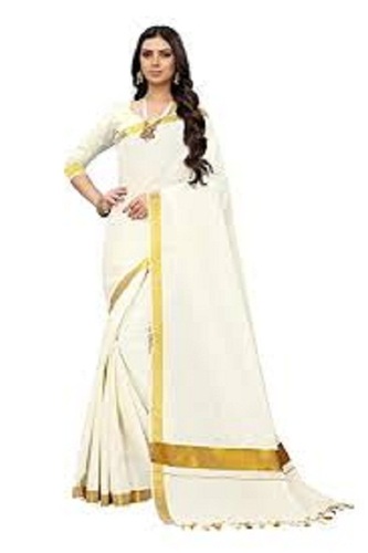 Cream Women'S Plain Cotton Saree Style With Swan Zari Work On Pallus