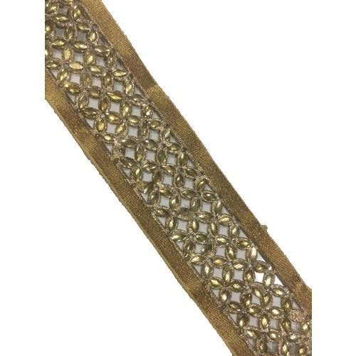 Fancy One-Sided Designer Lace - 2 Inch, Golden with Sequin Embellishments and Embroidered Pattern for Garments and Crafts