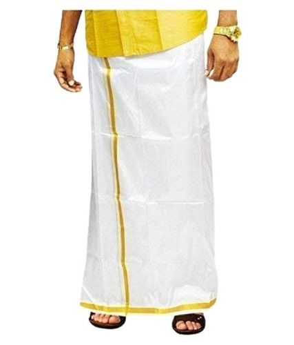 White 4 Meter Traditional Wear Simple Plain Golden Border Silk Dhoti For Men