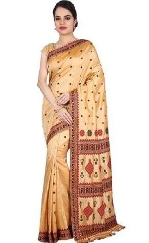 Assam Silk Saree - Golden with Maroon thread Work - ArtisanSoul