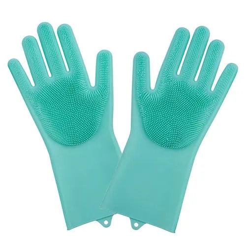 Green Comfortable To Wear Silicon Cleaning Hand Gloves With Wash Scrubber