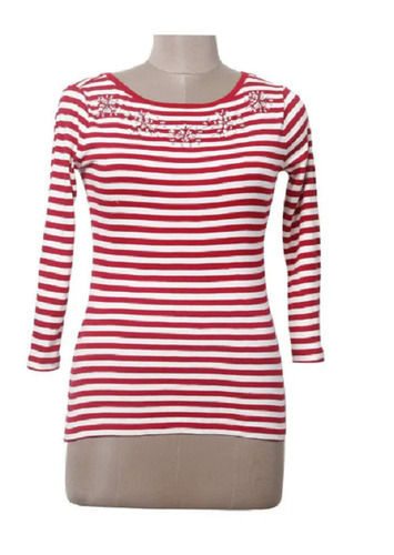 Red Cotton Striped Printed Ladies Designer Long Top