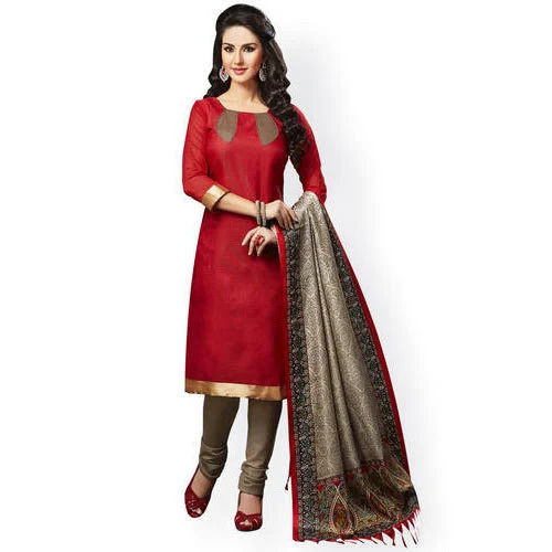 3/4Th Sleeves Plain Dyed Silk And Cotton Salwar Suit With Dupatta For Ladies Decoration Material: Laces