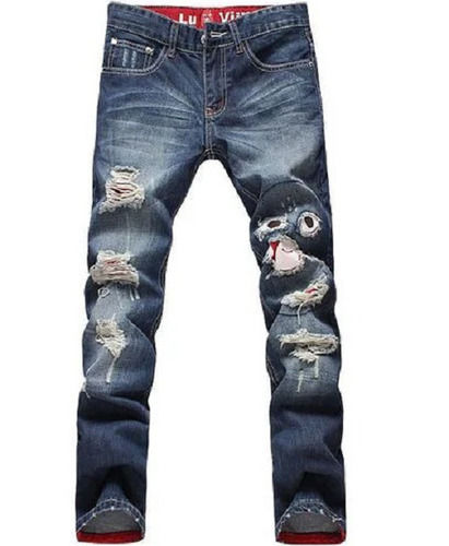 30 Inch Waist Size Ripped Pattern Denim Regular Fit Fancy Jeans For Men