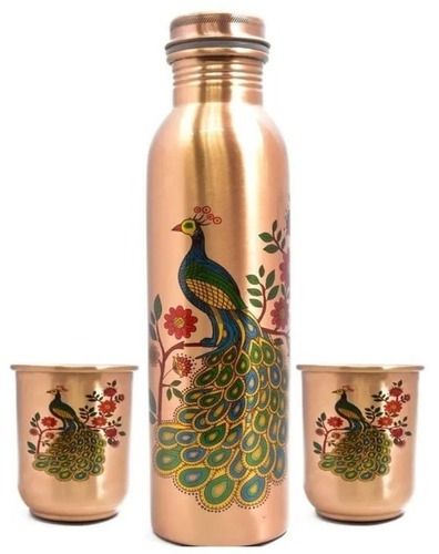 900 Ml Printed Offset Printing Brass Water Bottle Set With 2 Glass