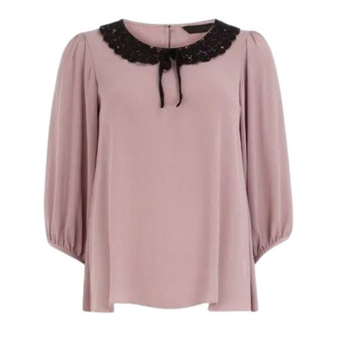 Light Purple And Black Casual Wear 3/4th Sleeves Round Neck Plain Dyed Georgette Top For Ladies