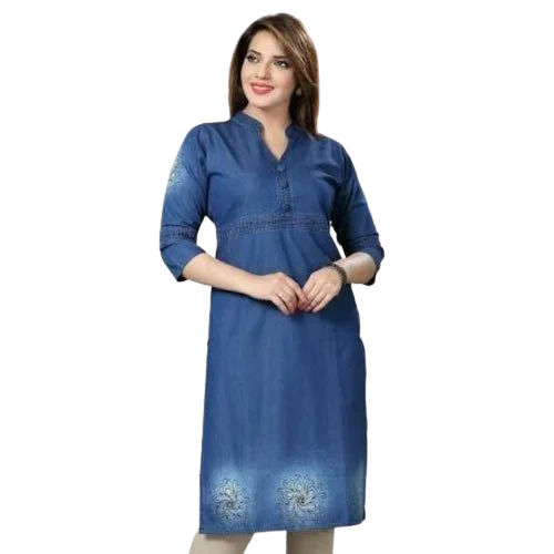 3-4 Sleeves Washable Casual Modern Plain Denim Kurti