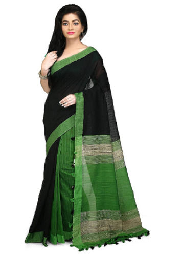 Green And Black Comfortable Casual Wear Lace Closure Plain Soft Cotton Saree With Blouse