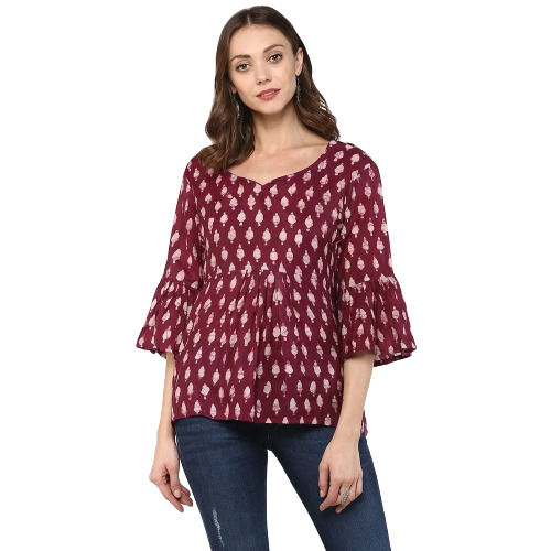 Maroon And White Washable Flare Sleeves Comfortable Casual Printed Cotton Tops