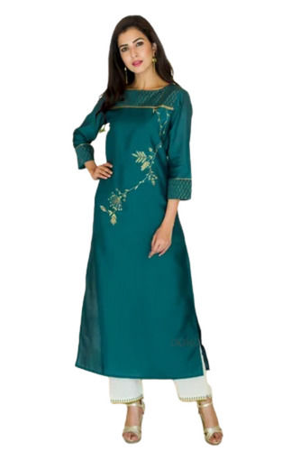 Green 3/4Th Sleeves Casual Wear Printed Cotton Fancy Kurtis For Ladies 