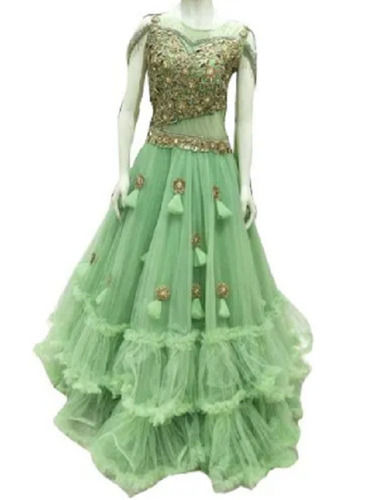 Green 42 Inch Length Short Sleeve Net Embroidered Modern Ladies Gown