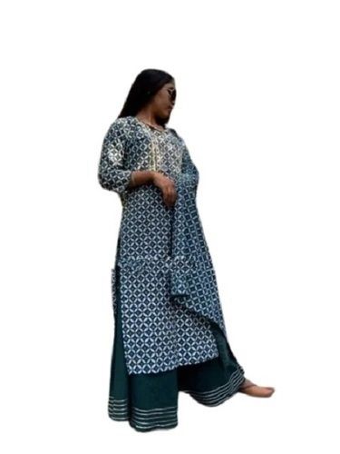 Multicolor Ethnic Indian Printed Laced Cotton And Polyester Short Sleeved Palazzo Suit