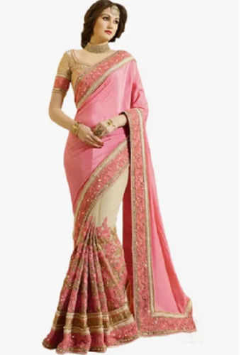 Pink Georgette Mirror Work Party Wear Embroidered Sarees For Ladies