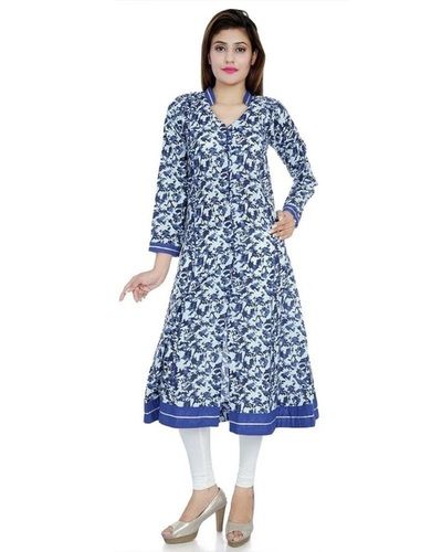 Modern Medium 3-4Th Sleeved Printed Casual And Daily Wear Front Open Cotton Kurtis  Bust Size: 32-39 Inch (In)