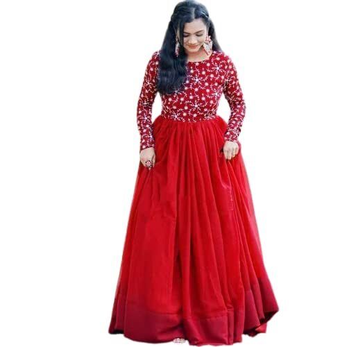 Red Georgette Maxi Dress With Balloon Sleeves – Shopzters