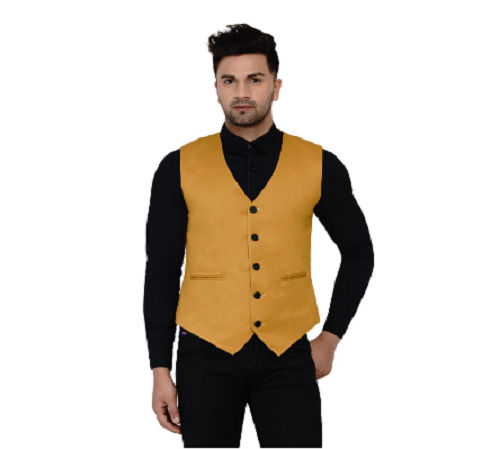 Yellow V-neck Sleeveless Regular Fit Button Closure Plain Cotton Waistcoat For Men