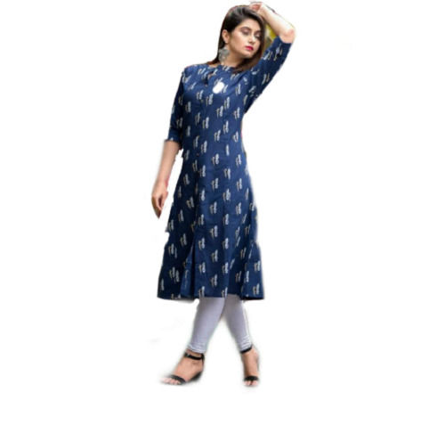 Casual Wear Regular Fit 3/4th Sleeve Round Neck Readymade Printed Ladies Kurtis