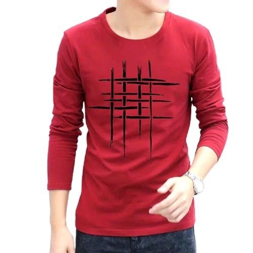 Red Light Weight Full Sleeves Printed Cotton T Shirt For Men