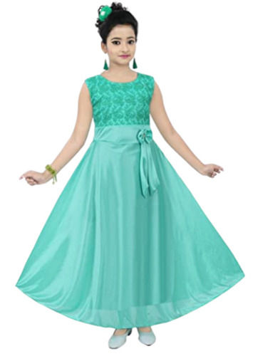 Sea Green Sleeveless Party Wear Embroidered Polyester Gown For Girls