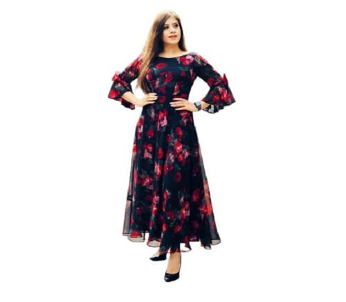 Casual Wear Full Sleeves Round Neck Printed Georgette Dress For Women