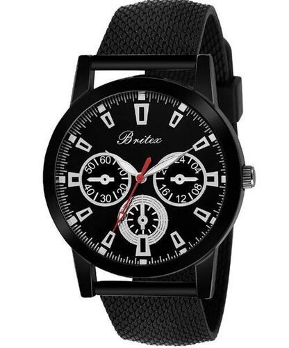 Black Casual Wear Glossy Finish Steel Round Fancy Analog Wrist Watch For Mens With Rubber Strap 